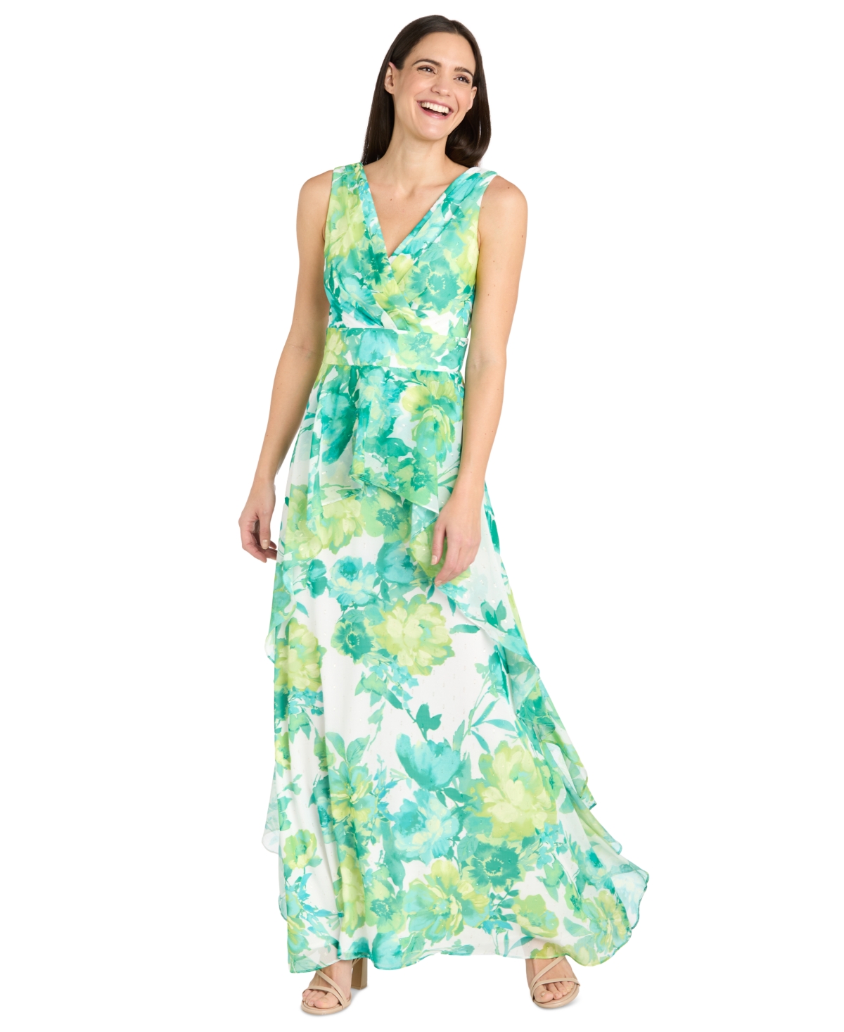 Petite Printed Ruffle-Trim-Overlay Dress - Jade Multi