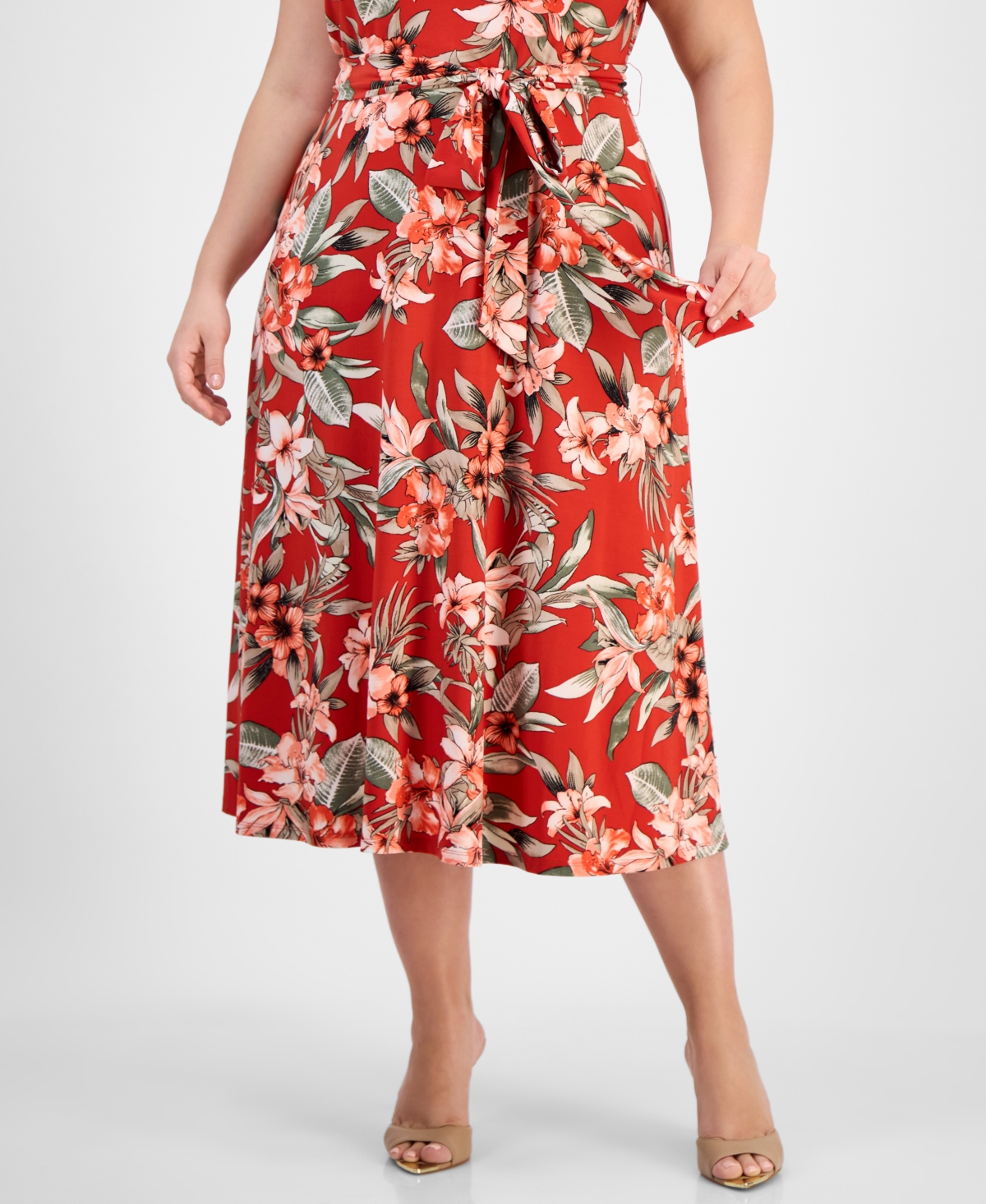 Kasper Plus Size Pleated Keyhole-neck Belted Midi Dress