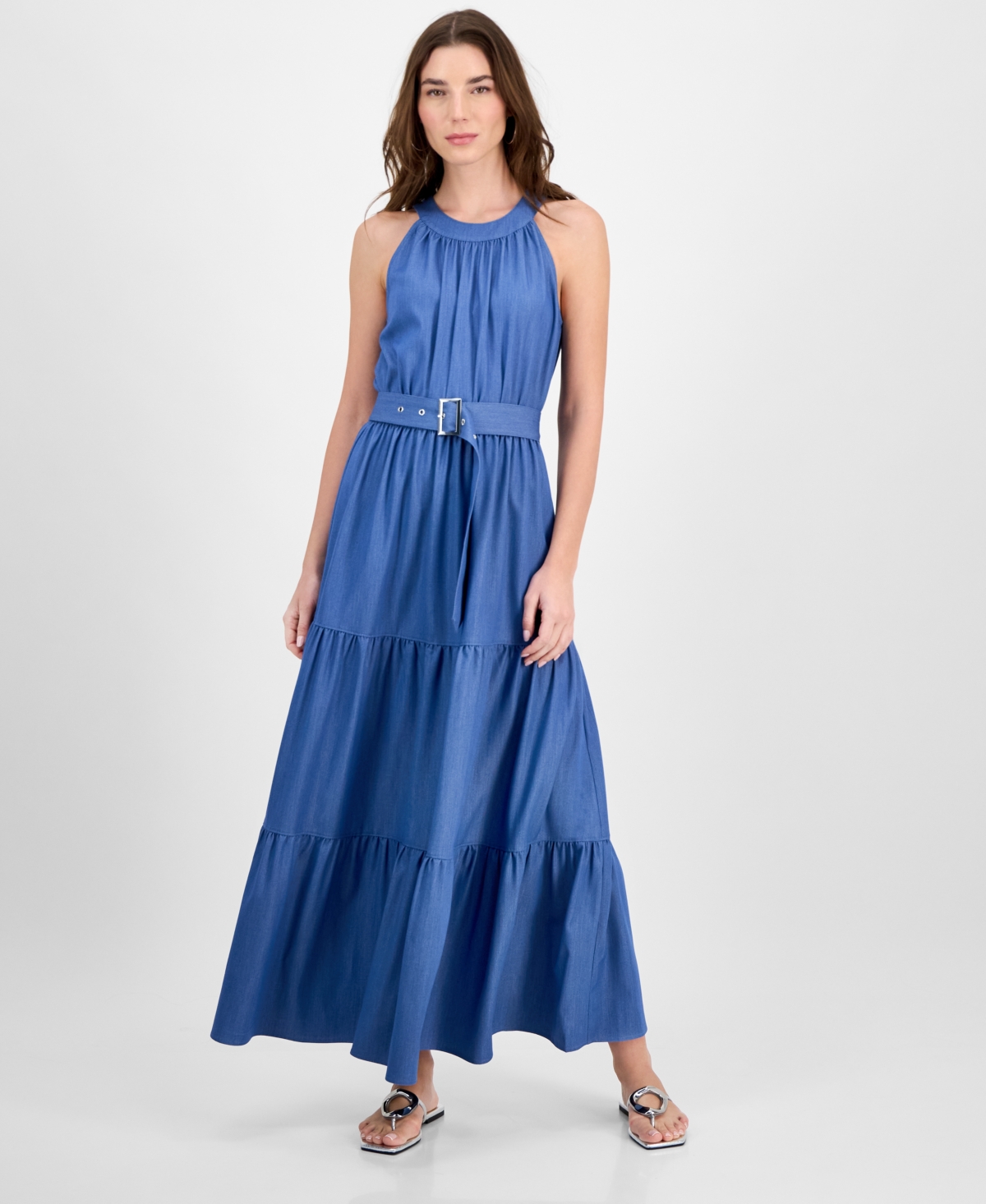Women's Tiered Fit & Flare Halter Maxi Dress - Denim Tencel