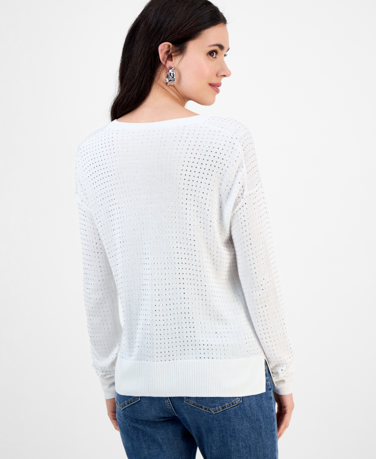 INC INTERNATIONAL CONCEPTS PETITE POINTELLE CREWNECK SWEATER, EXCLUSIVELY AT MACY'S 