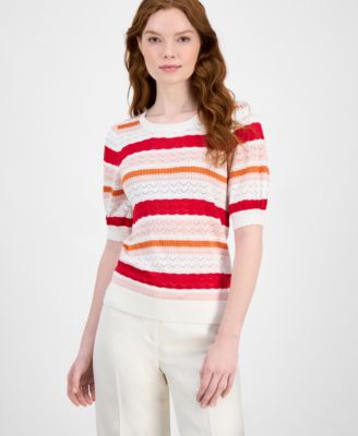 T Tahari - Women's Pointelle Striped Crewneck Sweater