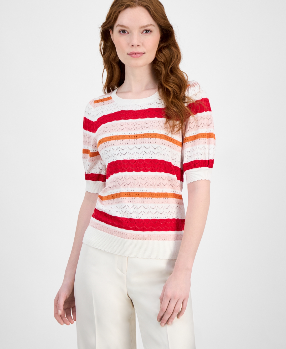 Women's Pointelle Striped Crewneck Sweater - White Star/blue