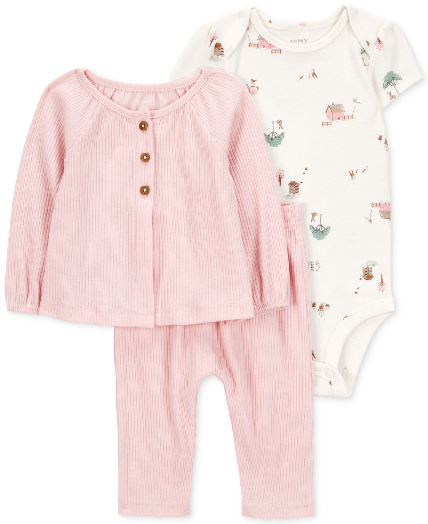Комплекты Carter's Cardigan, Barn-Print Bodysuit & Pants, 3 Piece Set для девочек-малышей, цвет: Розовый — фото 1