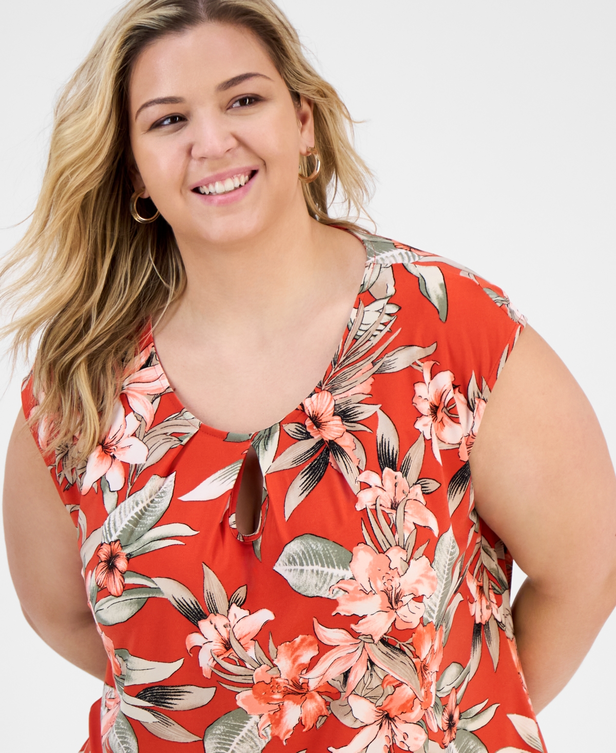Kasper Plus Size Printed Keyhole Camisole Top