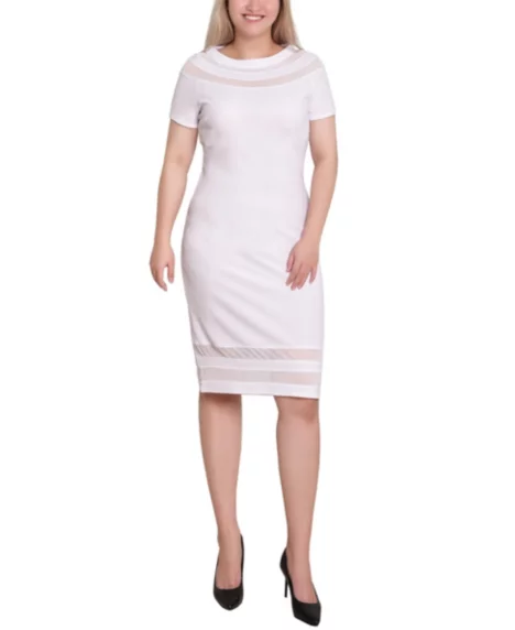 Petite Short Sleeve Dress with Mesh Insets - White
