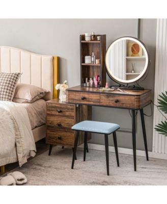 Vanity Table Set with 3-Color Lighted Mirror and Cushioned Stool