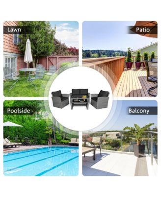 4 Piece Outdoor Furniture Set Patio Rattan Conversation Set w/ Cushions