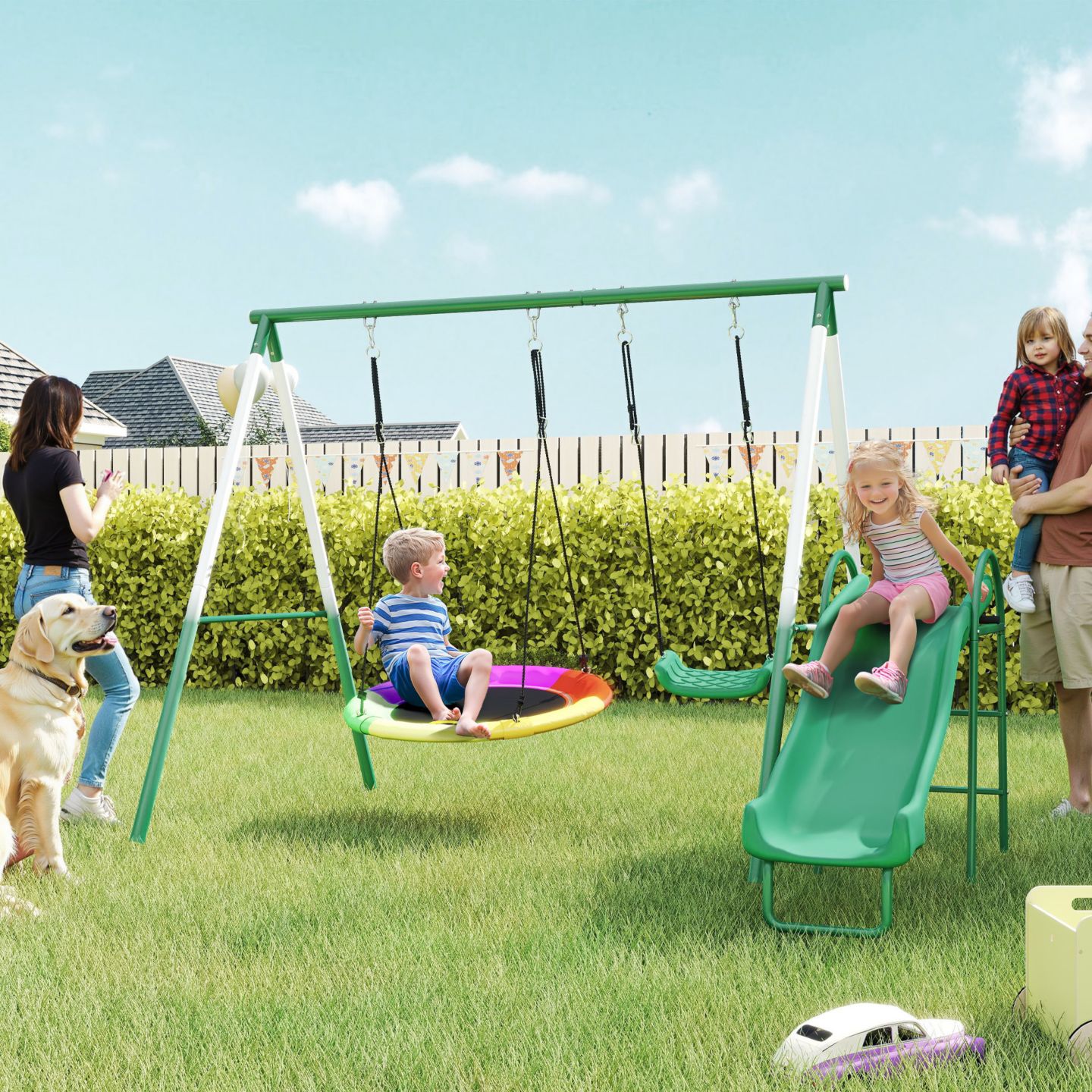 Детские игрушки Qaba Metal Swing Set with Slide, Heavy Duty Swing Set, цвет: Тёмный зелёный — фото 2