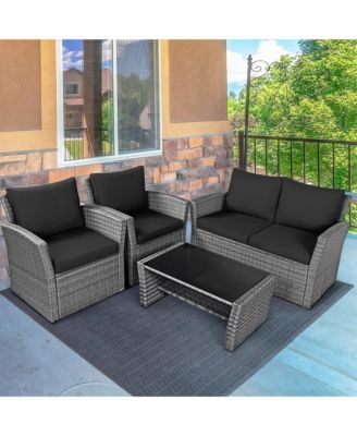 4 Piece Outdoor Furniture Set Patio Rattan Conversation Set w/ Cushions