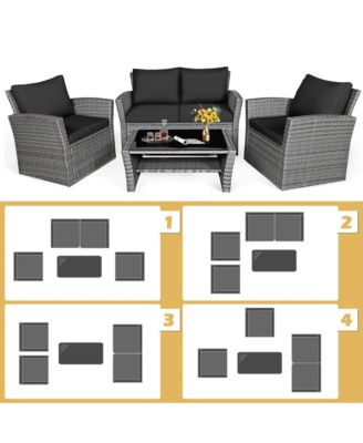 4 Piece Outdoor Furniture Set Patio Rattan Conversation Set w/ Cushions