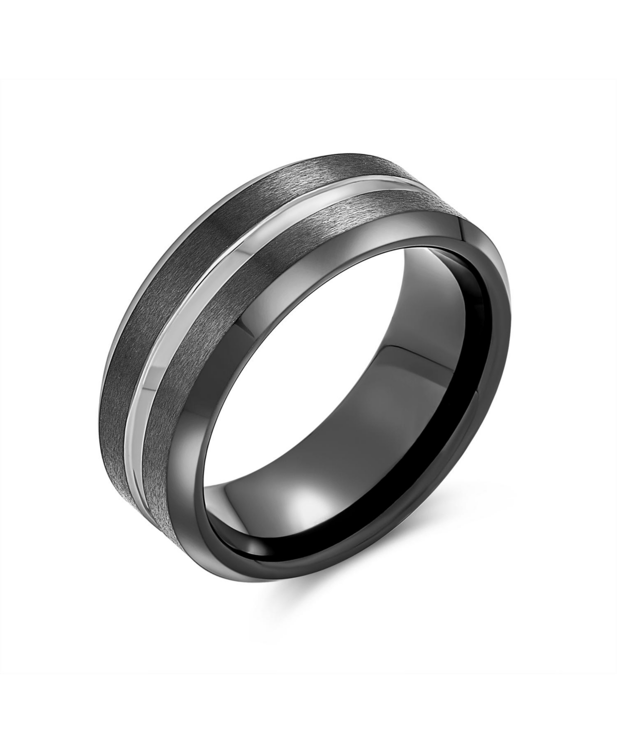 Simple Black Silver Two Tone Center Couples Titanium Band Ring Comfort Fit - Silver black