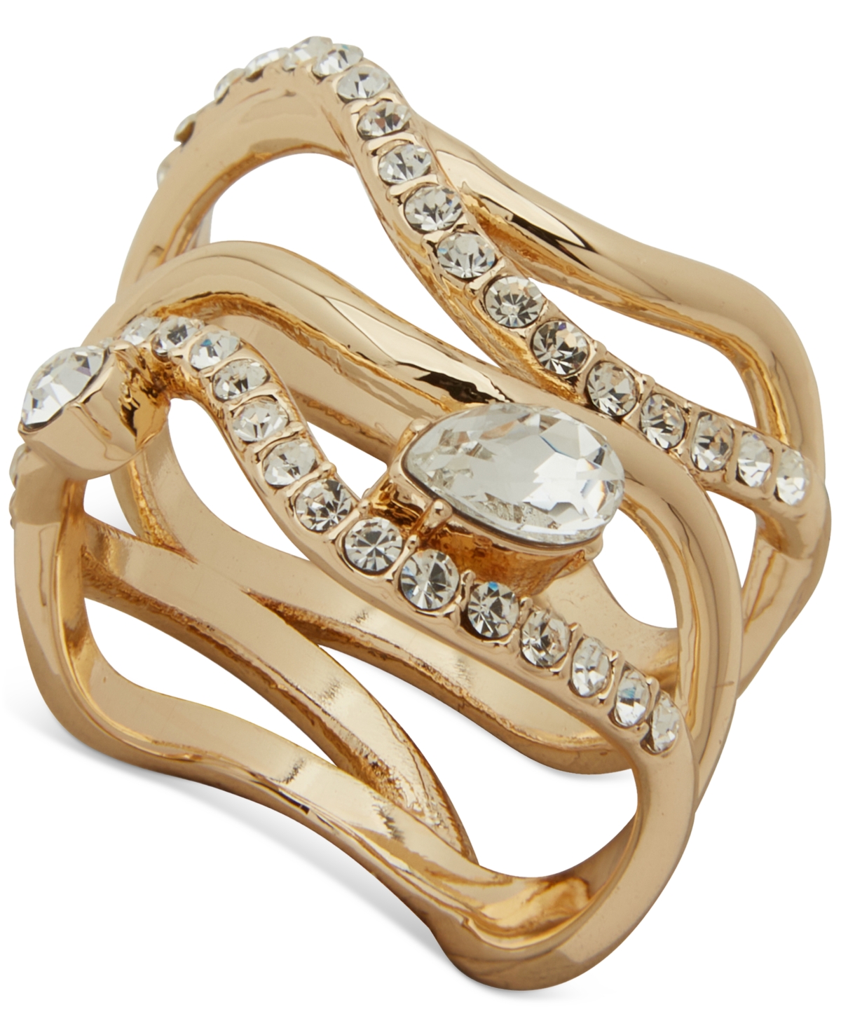 Gold-Tone Wavy Stone Multi Row Ring - Crystal Wh