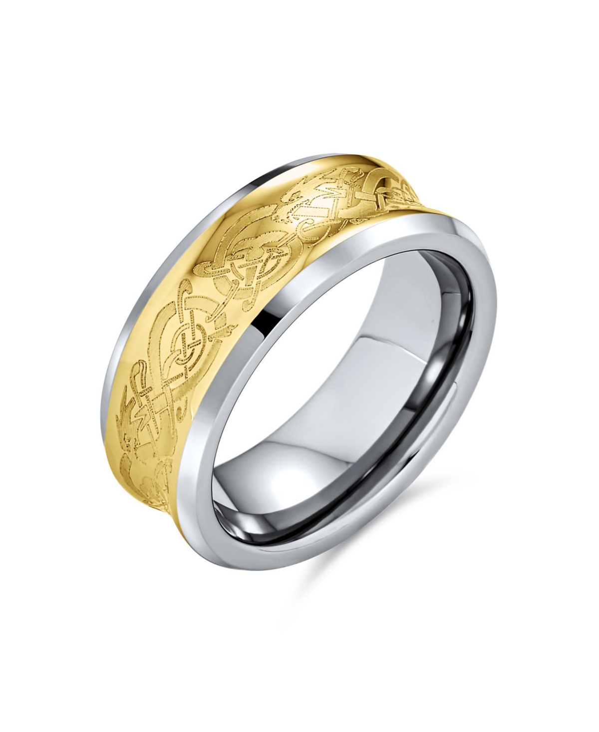 Celtic Knot Dragon Inlay Couples Concave Titanium Promise Band Ring Black Silver Gold Tone Comfort Fit 8MM - Gold