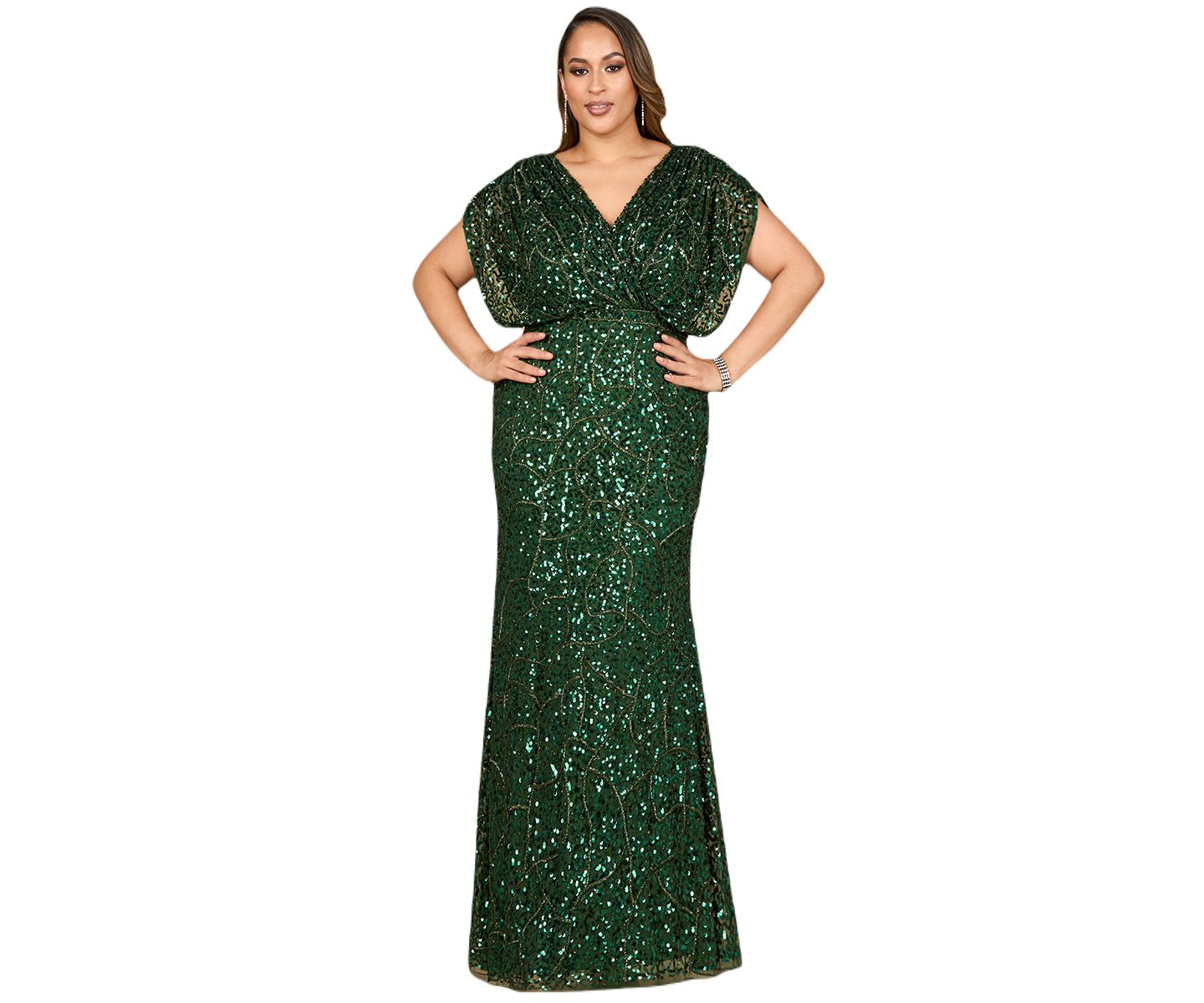 Женское платье Lara Beaded Gown with Draped Cape Sleeves, цвет: Изумрудный зелёный — фото 1