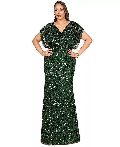 women's beaded gown with draped cape sleeves