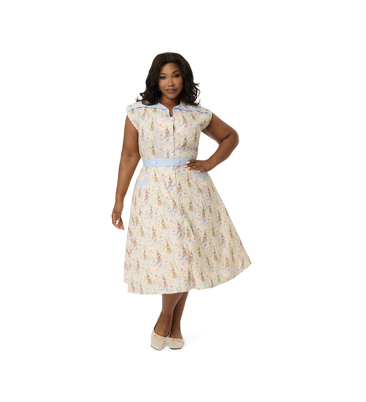 Plus Size 1950s Hedda Swing Dress - Cream bunny print