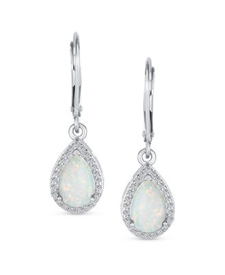 Solitaire Teardrop Created Opal Halo Cubic Zirconia CZ Drop Earrings Lever Back Plated Sterling