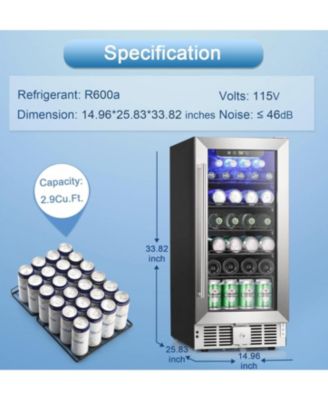 2.9 CuFt Beverage Cooler, 115-Can, Quiet, Glass Door, Safety Lock, Stainless Handle
