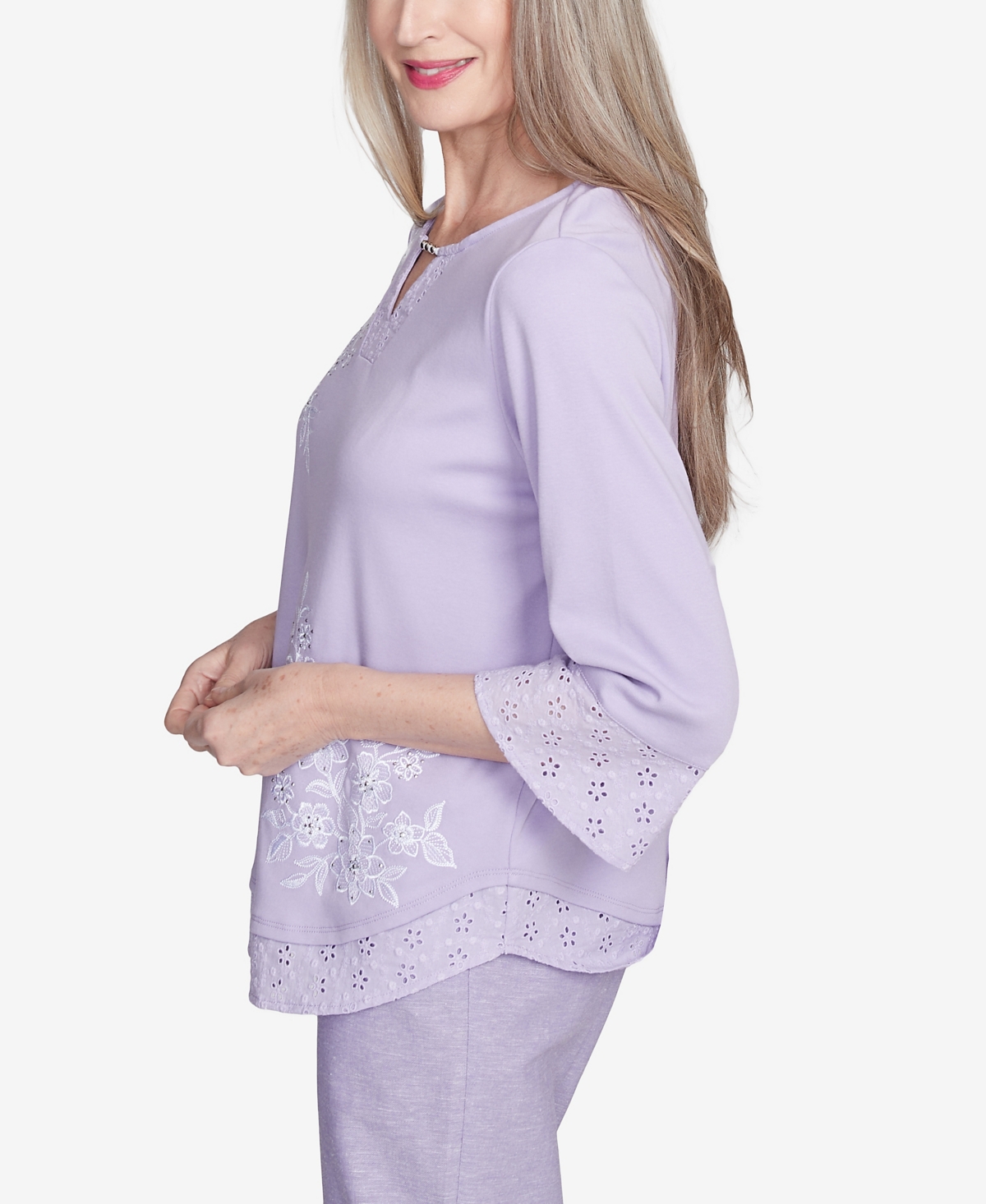 Alfred Dunner Plus Size Crystal Springs Floral Embroidered Eyelet Sleeve Top In Lilac
