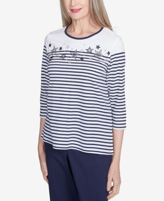 Women's Land of The Free Striped Star-Studded Crew Neck Top