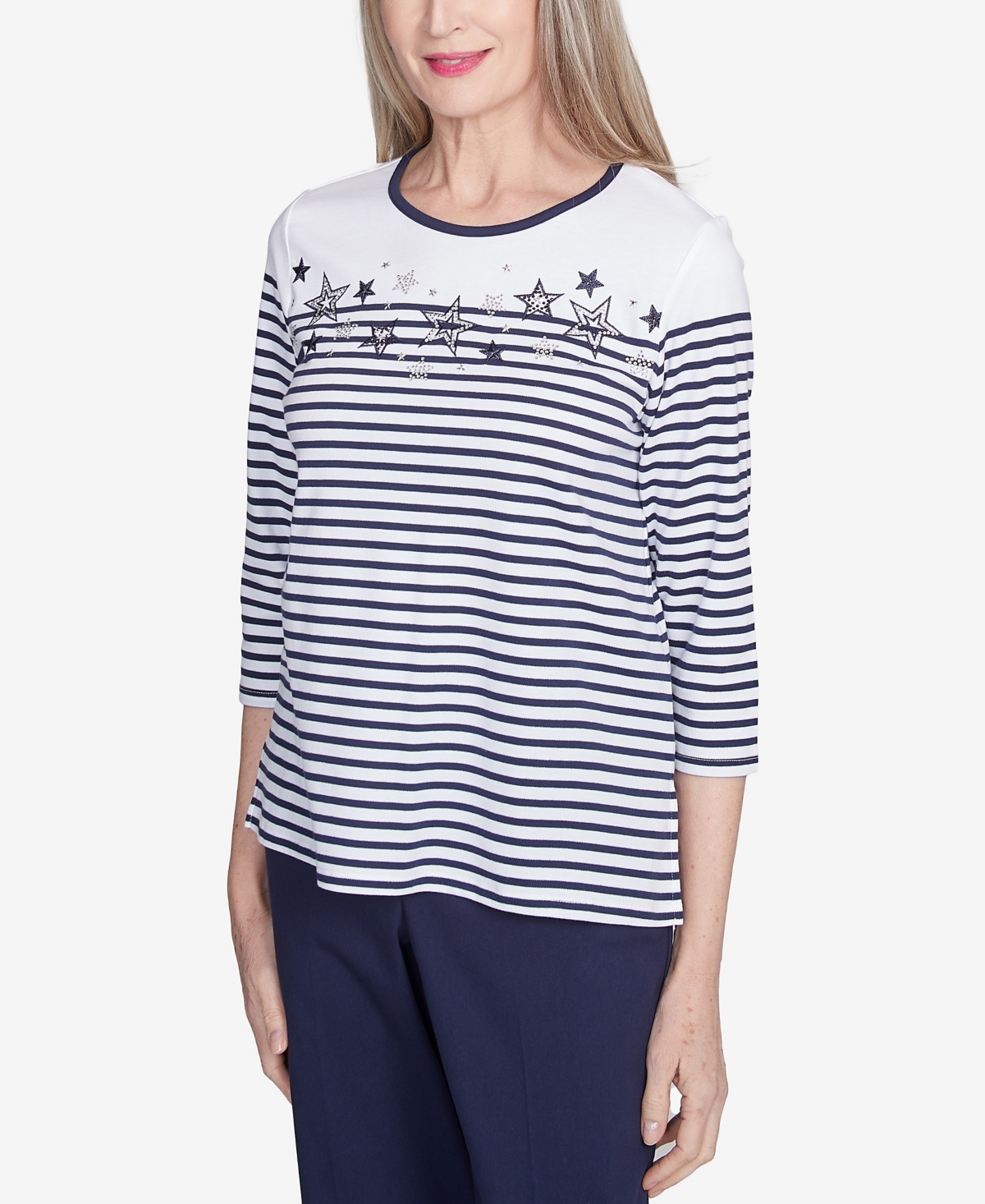 Alfred Dunner Women's Land of The Free Striped Star-Studded Crew Neck Top