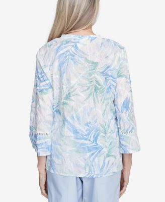 Women's St. Thomas Tropical Embroidered Button Front Collared Neck Top