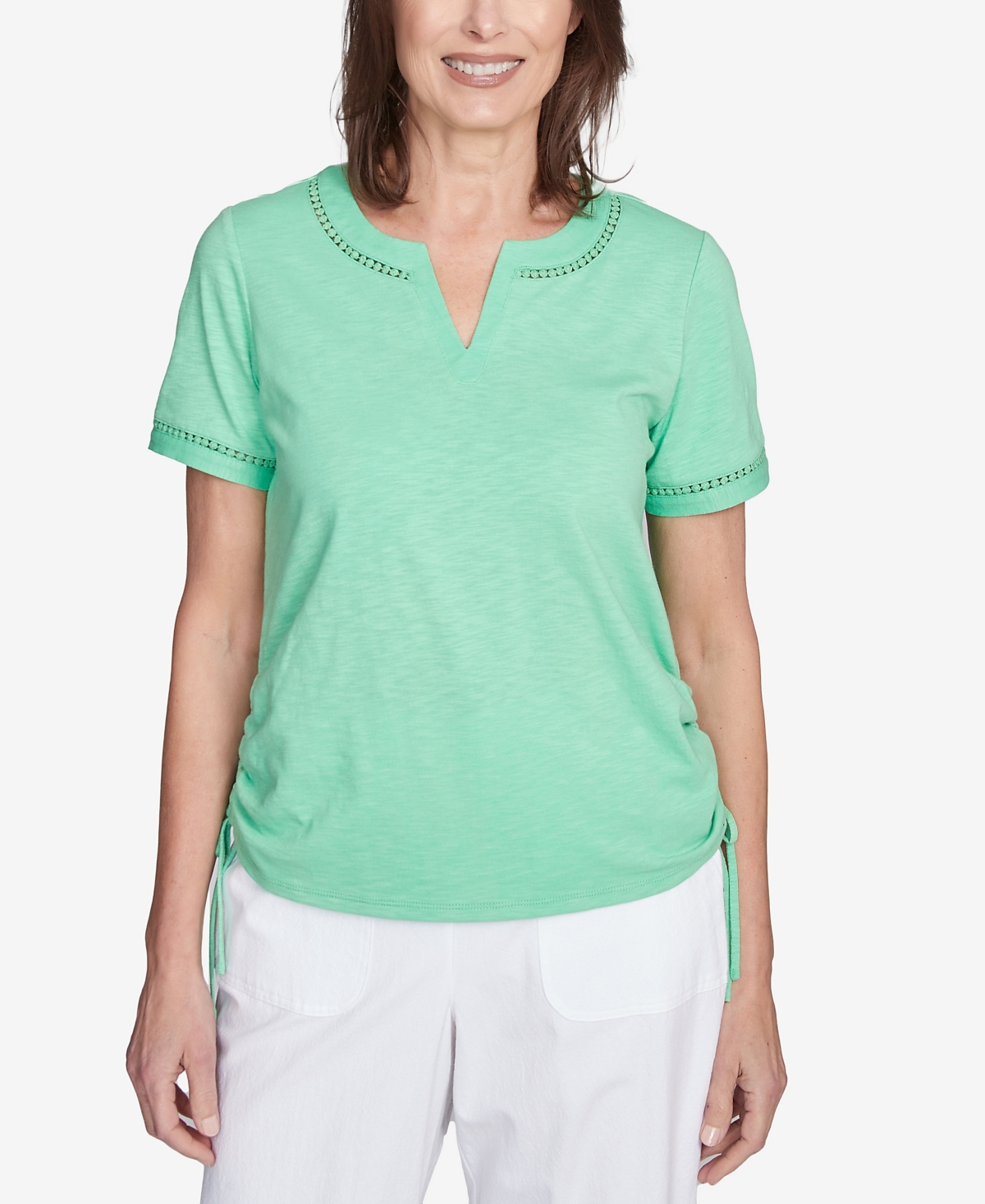 Alfred Dunner Petite Rise Shine Dot Lace Trimmed Short Sleeve Top In Lime