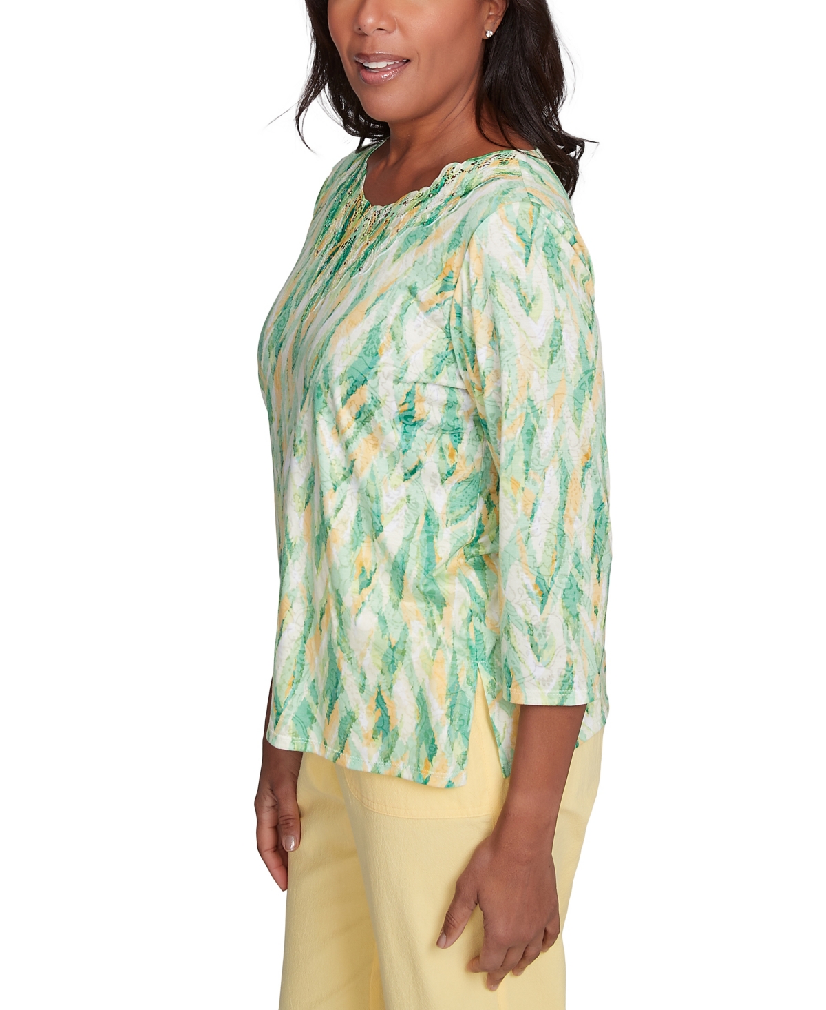 Alfred Dunner Petite Rise Shine Bright Textured Strokes Embellished Top In Lime Multi