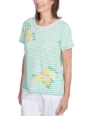 Women's Rise Shine Lemon Printed Striped Crew Neck T-Shirt