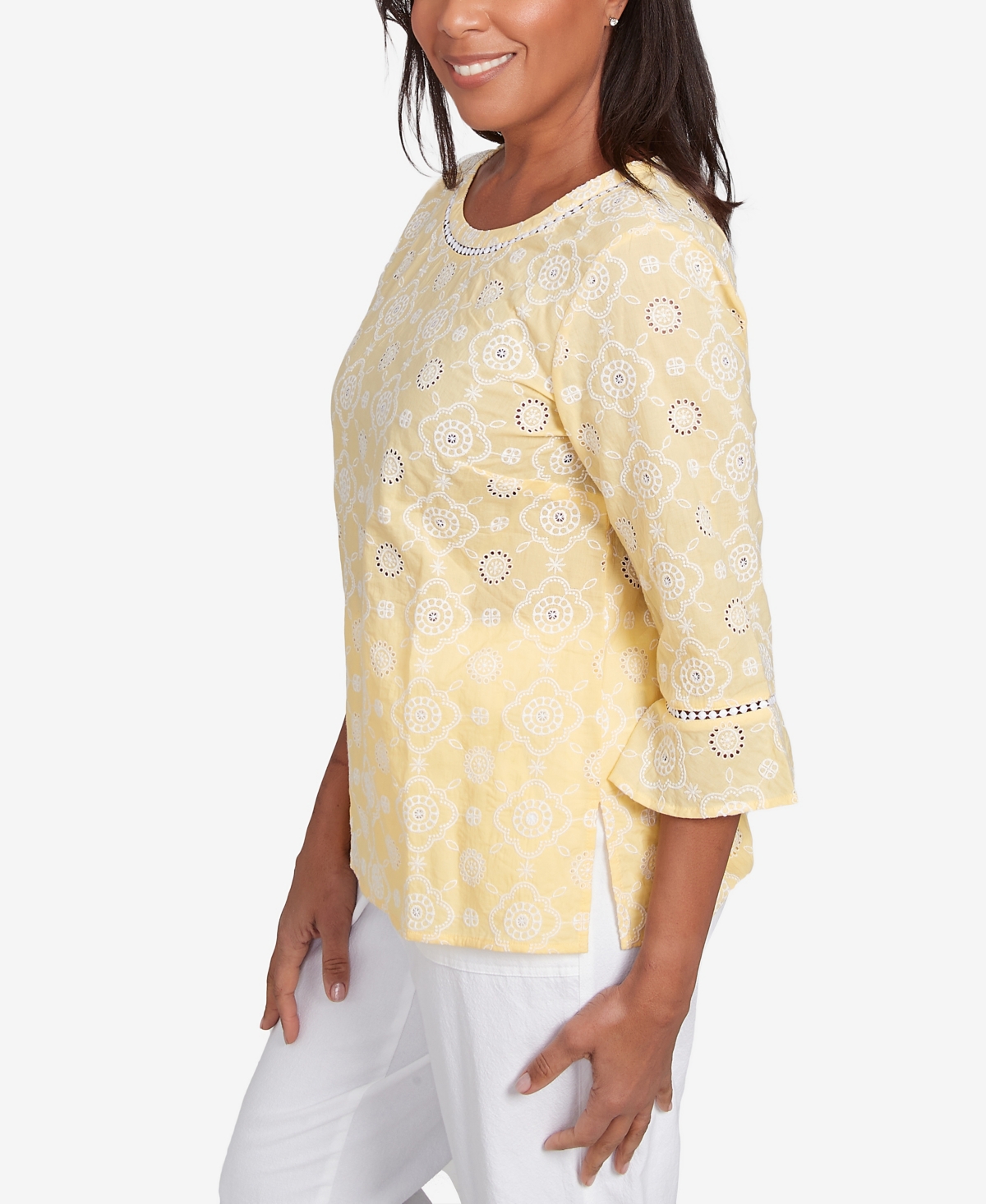 Alfred Dunner Petite Rise Shine Embroidered Floral Eyelet Bell Sleeve Top In Lemon