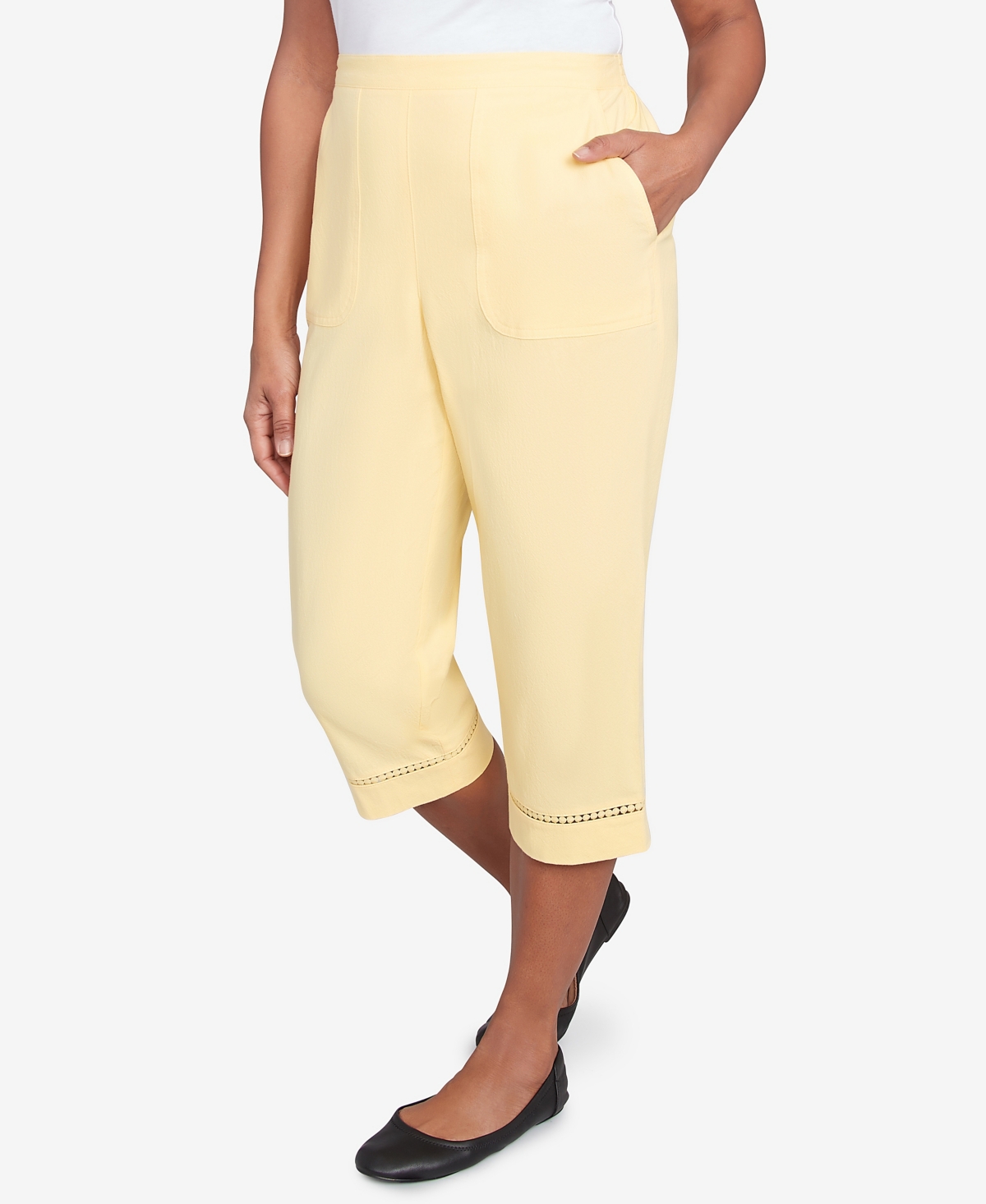Alfred Dunner Plus Size Dress Code Comfort Allure Embellished Capri Pants In Lemon