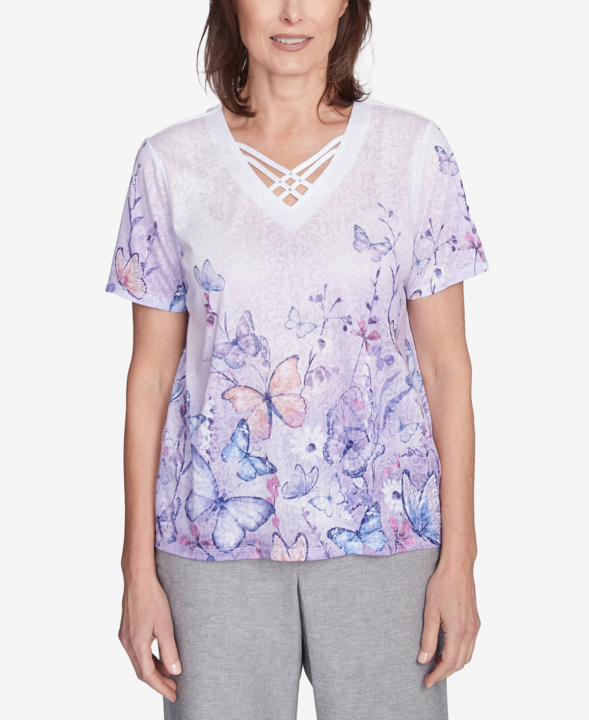 Women's Crystal Springs Crisscross Ombre Butterfly V-Neck T-Shirt - Lilac