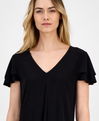 Petite V-Neck Short-Flutter-Sleeve Sheath Dress