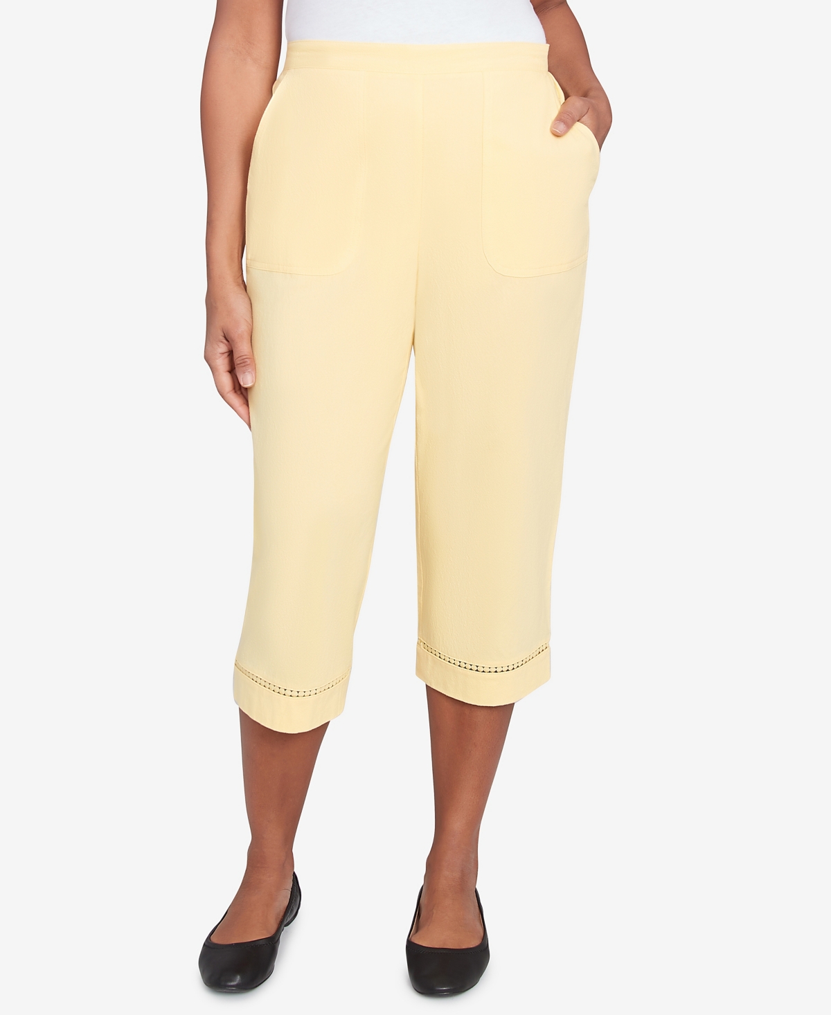 Alfred Dunner Plus Size Dress Code Comfort Allure Embellished Capri Pants In Lemon