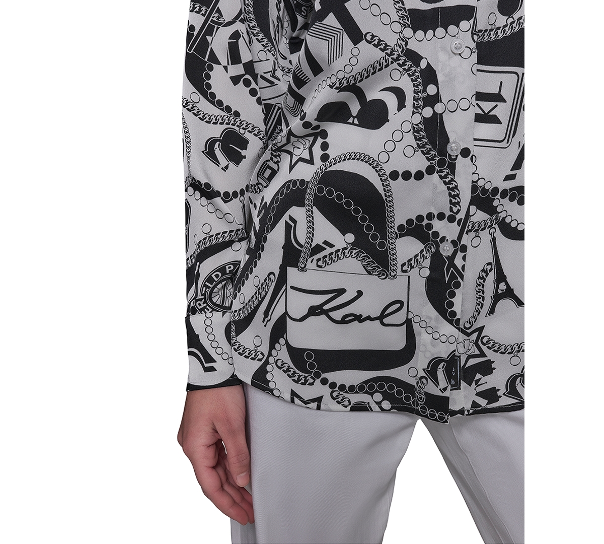 Karl Lagerfeld Women's Motif-print Oversized Button-front Top In Soft White  Black
