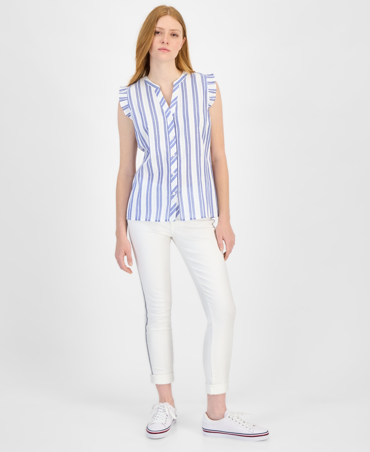 Tommy Hilfiger Women's Cotton Textured-stripe Ruffled Shirt In Bright White,blue