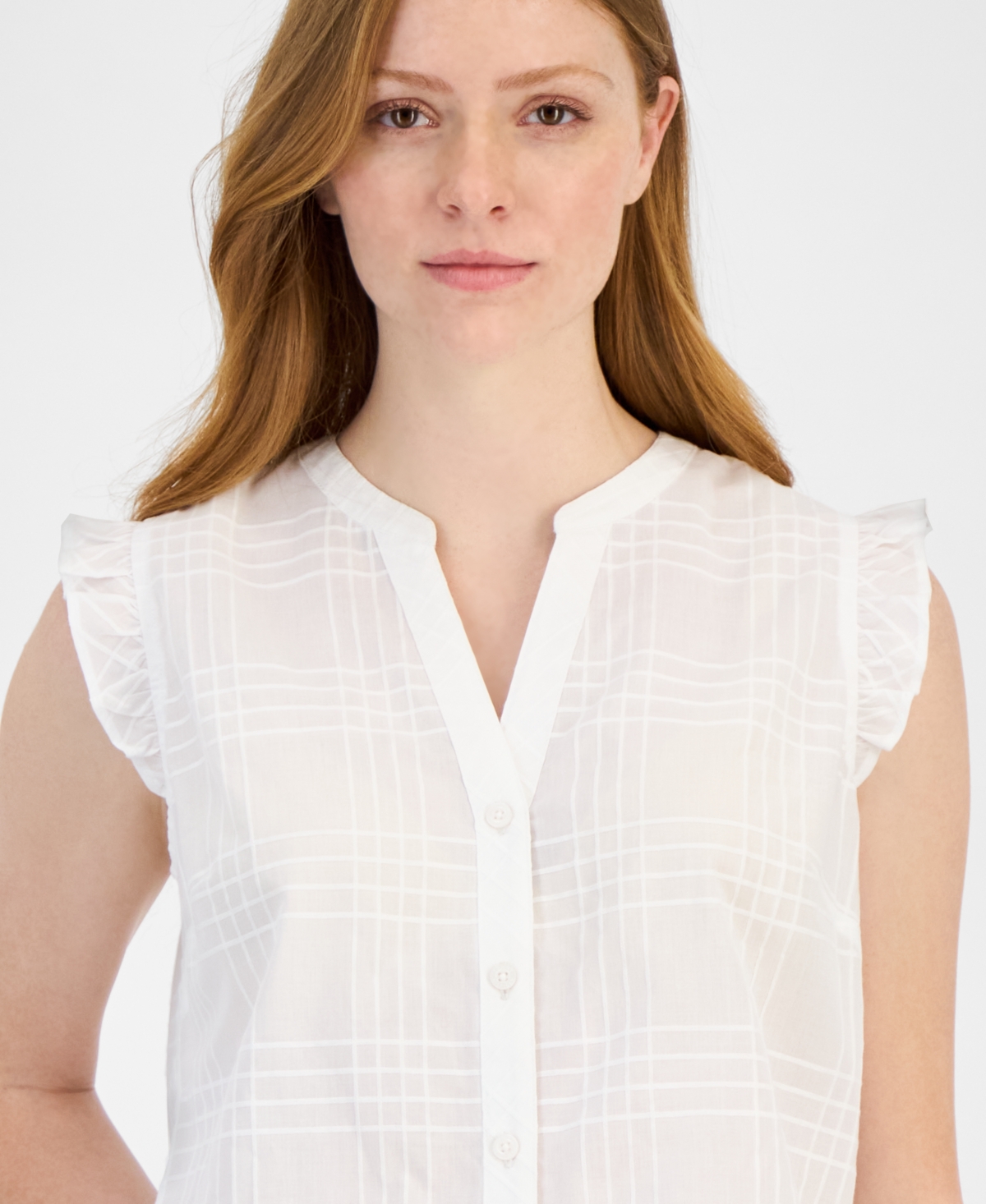 Tommy Hilfiger Women's Cotton Tonal-plaid Ruffled-sleeve Shirt In Bright White
