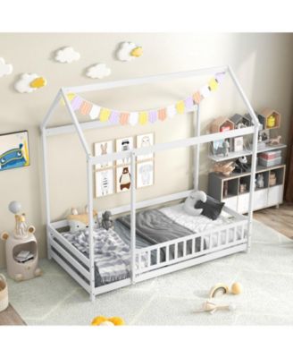 Twin Size Kids House Bed Wooden Floor Bed with Roof and Full-length Safety Guardrail