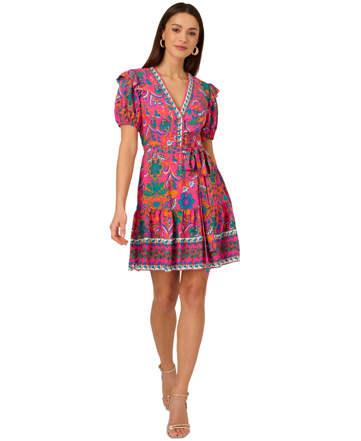 by Adrianna Papell Women's Printed Puff-Sleeve Mini Dress - Hot Pink Multi