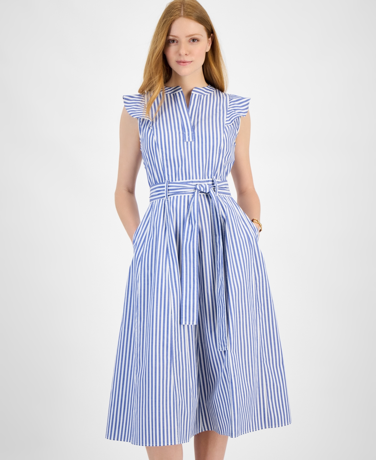 Tommy Hilfiger Women's Cotton Striped Ruffled Midi Dress In Blue
