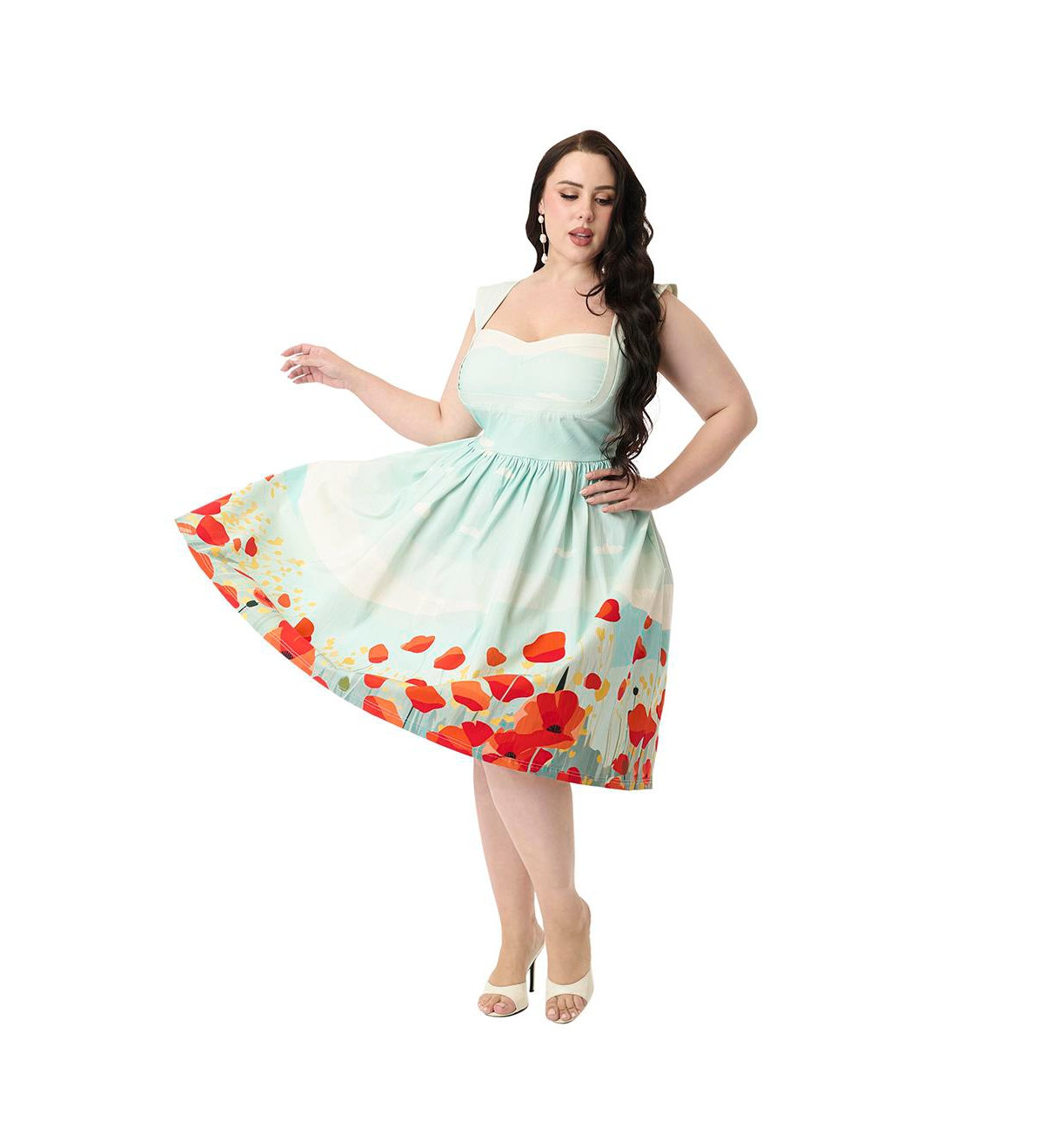 Plus Size 1950s Sweetheart Sleeveless Swing Dress - Blue sky  poppies