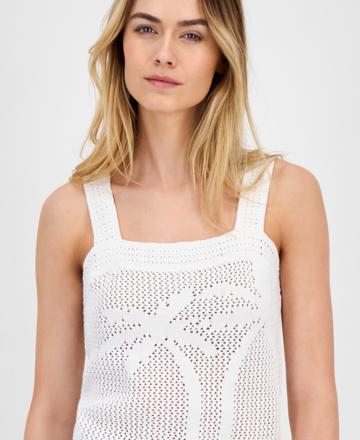 Nautica Jeans Women's Cotton Palm-tree Open-knit Sleeveless Sweater In Bright White