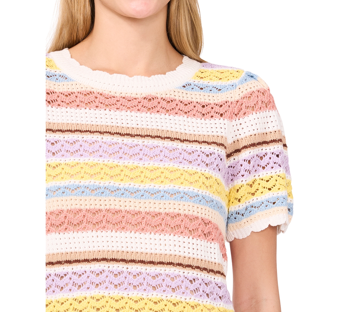 Shop Cece Women's Pointelle Stripe Short-sleeve Cotton Sweater In Antique White