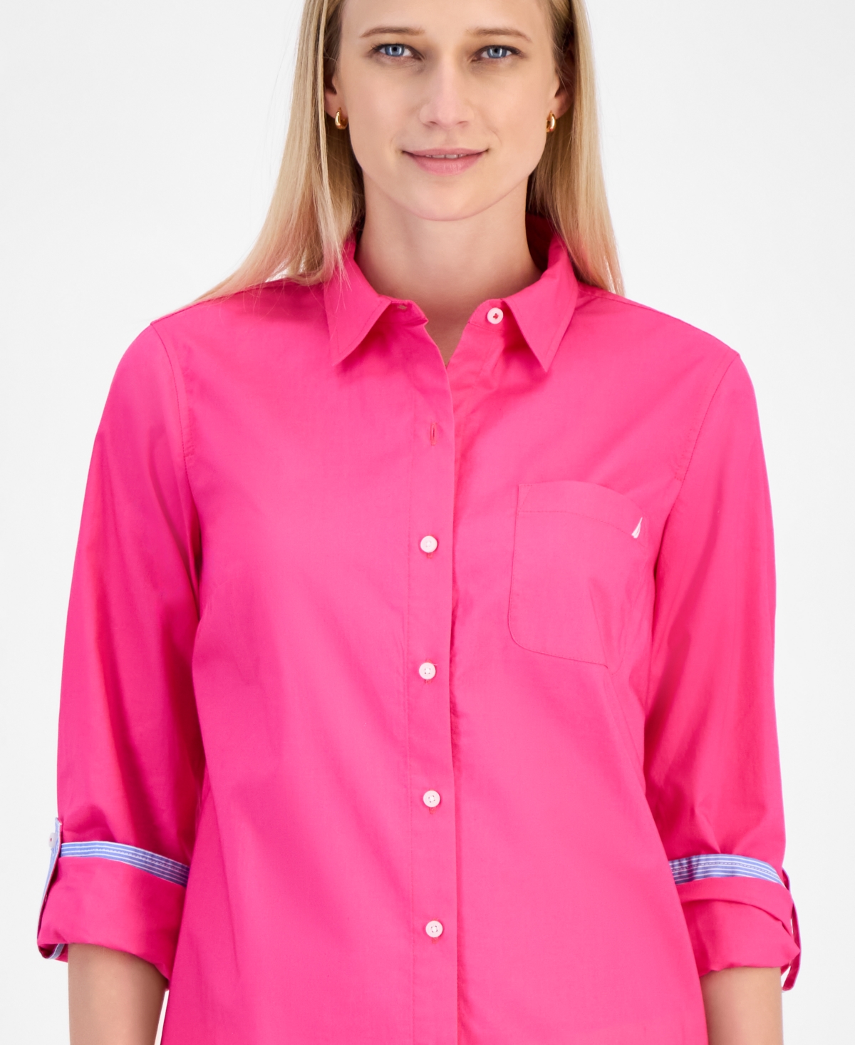 Nautica Jeans Women's Cotton Roll-tab Button Shirt