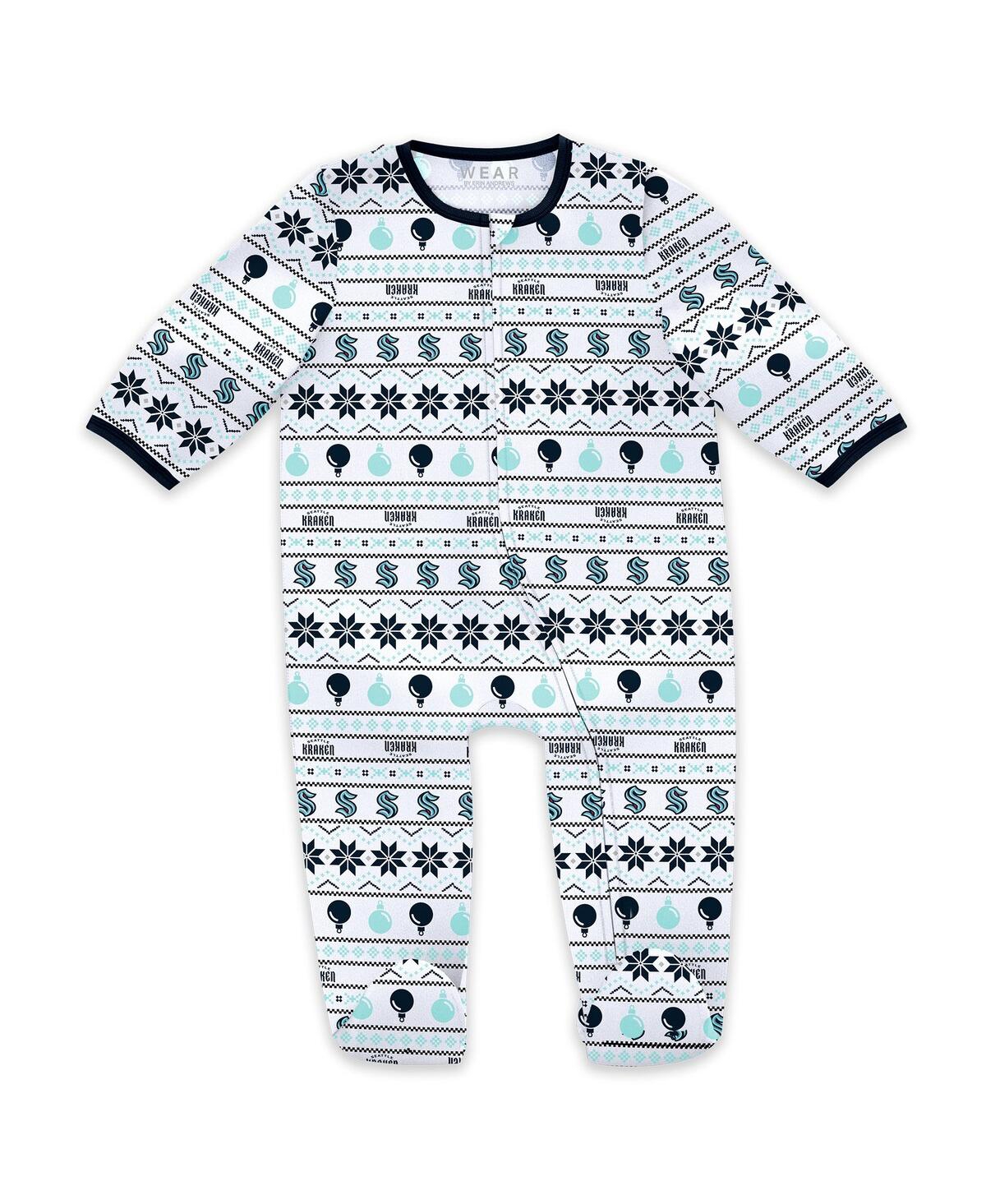 Wear By Erin Andrews Newborn 2-piece Seattle Kraken Allover Print Full-zip Sleeper And Bib Christmas Set In White
