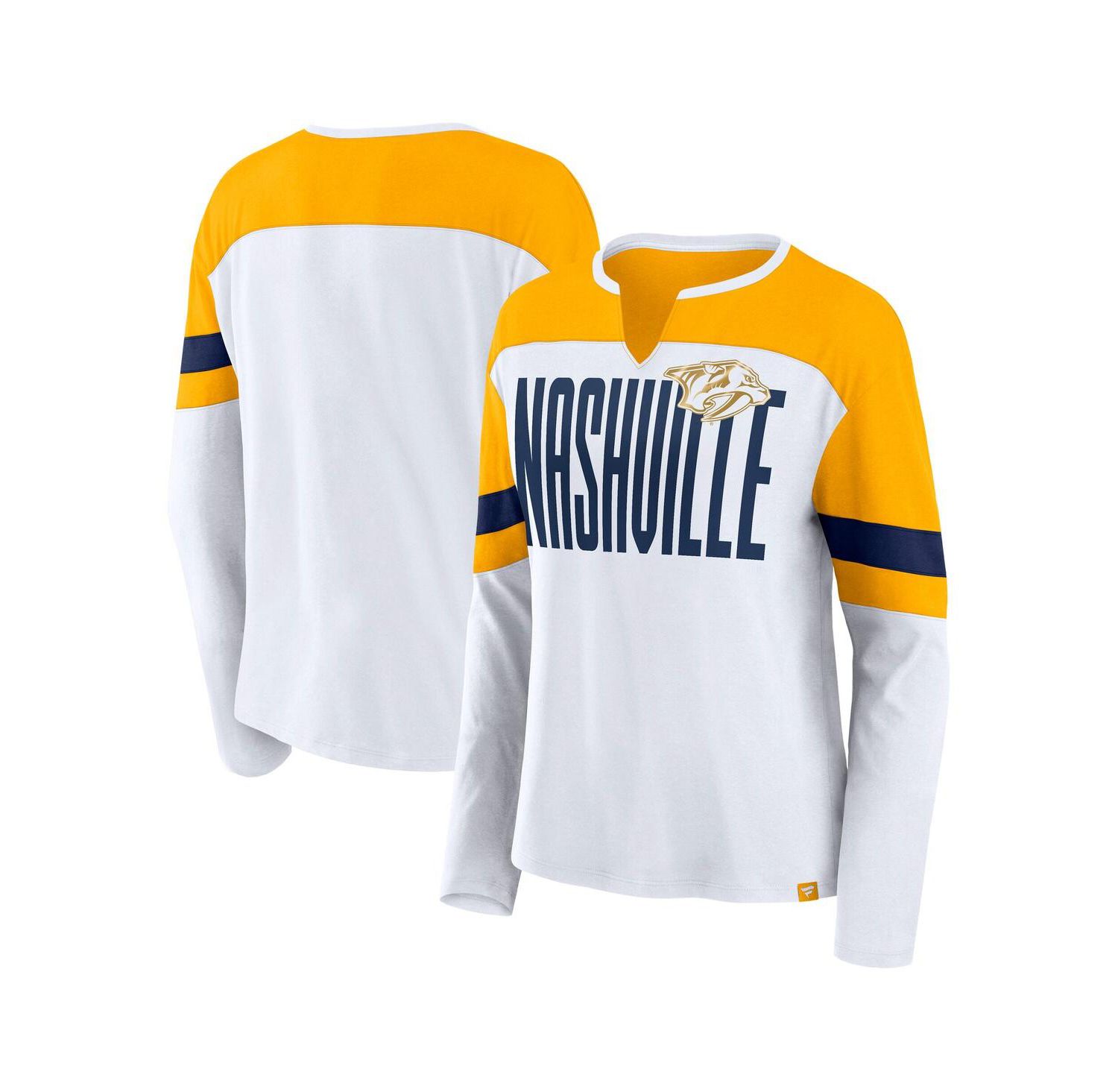 Women's White/Gold Nashville Predators Frozen Long Sleeve Notch Neck T-Shirt