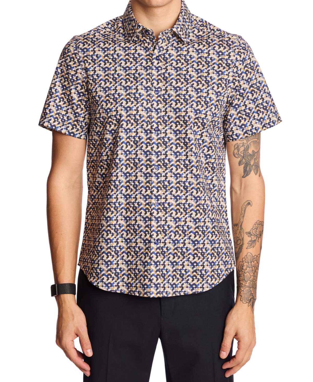 Men's Sawyer Geometric Shirt - Navy Tan Geo