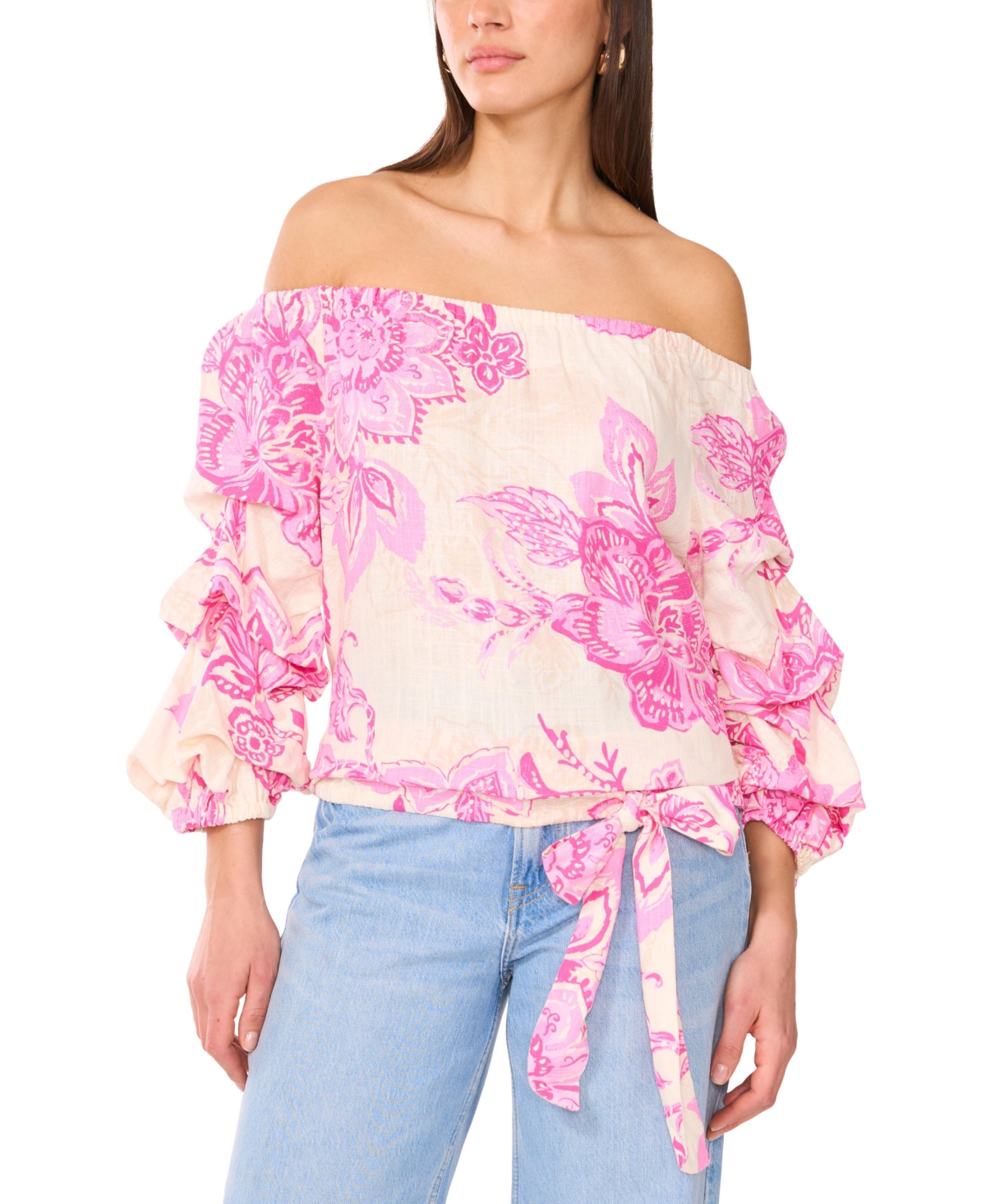 Vince Camuto Off-the-shoulder Linen-blend Blouse In Pink Orchid