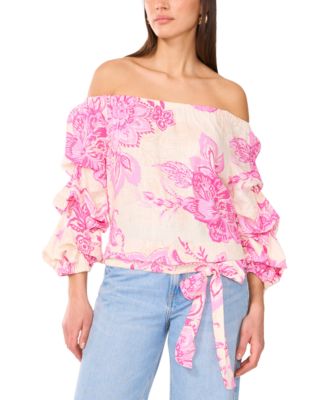 売れ筋商品|||ヴィンスカムート カットソー トップス レディース Women's Printed Off The Shoulder Bubble Sleeve Tie Front Blouse Rich Black Vince Camuto Women's Floral Off-The-Shoulder Bubble 3/4
