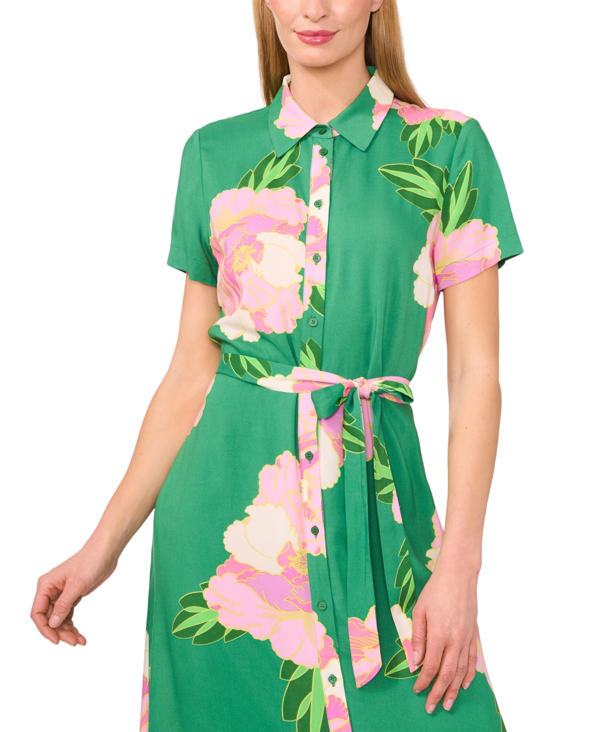 Shop Cece Women's Floral Print Button-front Midi Shirtdress In Medium Green